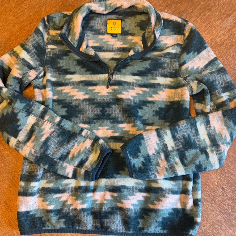 Prince & Fox Fleece Teal Patterned Womens Sweater pullover sweatshirt size M - Picture 3 of 7